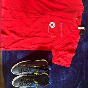Converse Black Sneakers and New Red T-Shirt